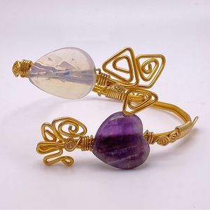 Amethyst Heart and Moonstone Crystal Gold Wire Wrapped Cuff Bracelet
